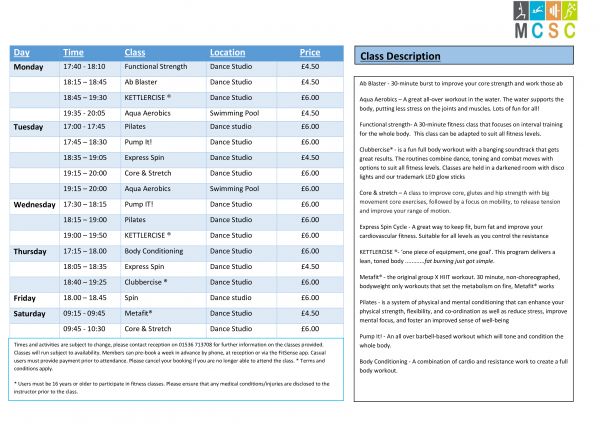 Class timetable August