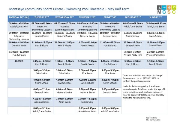 May 2025 Half Term Pool Timetable