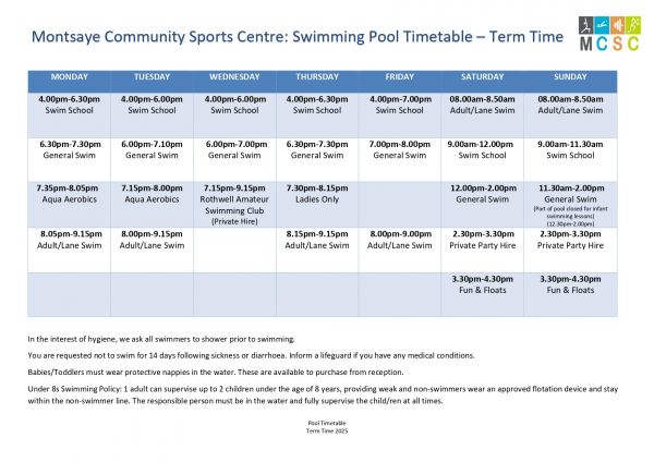 Pool Timetable 2025 Term Time