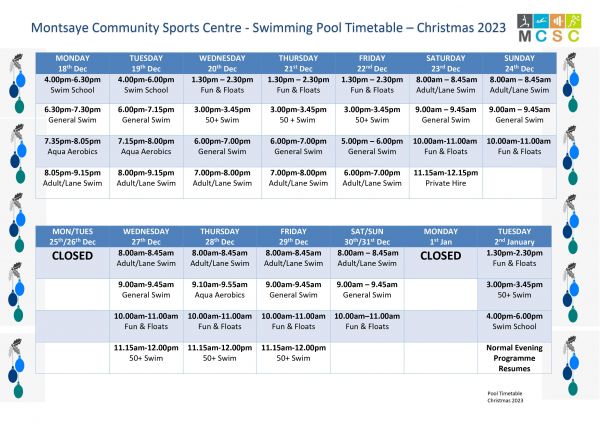 Pool Timetable Christmas 2023 