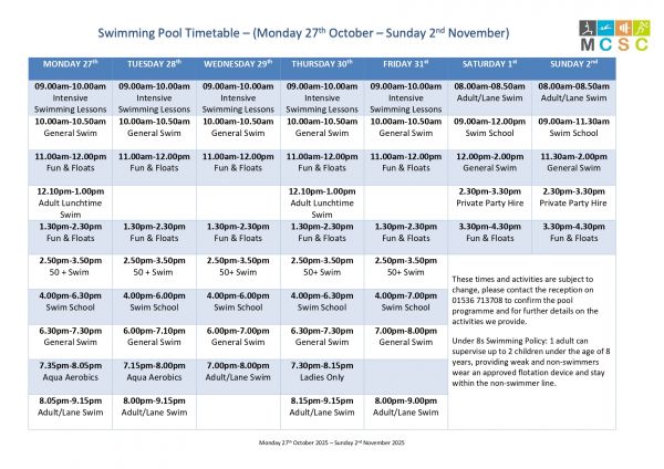 Pool Timetable WC 27th October 2025 page 0001