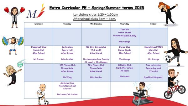 Extra Curricular PE Clubs 2024 25Apr